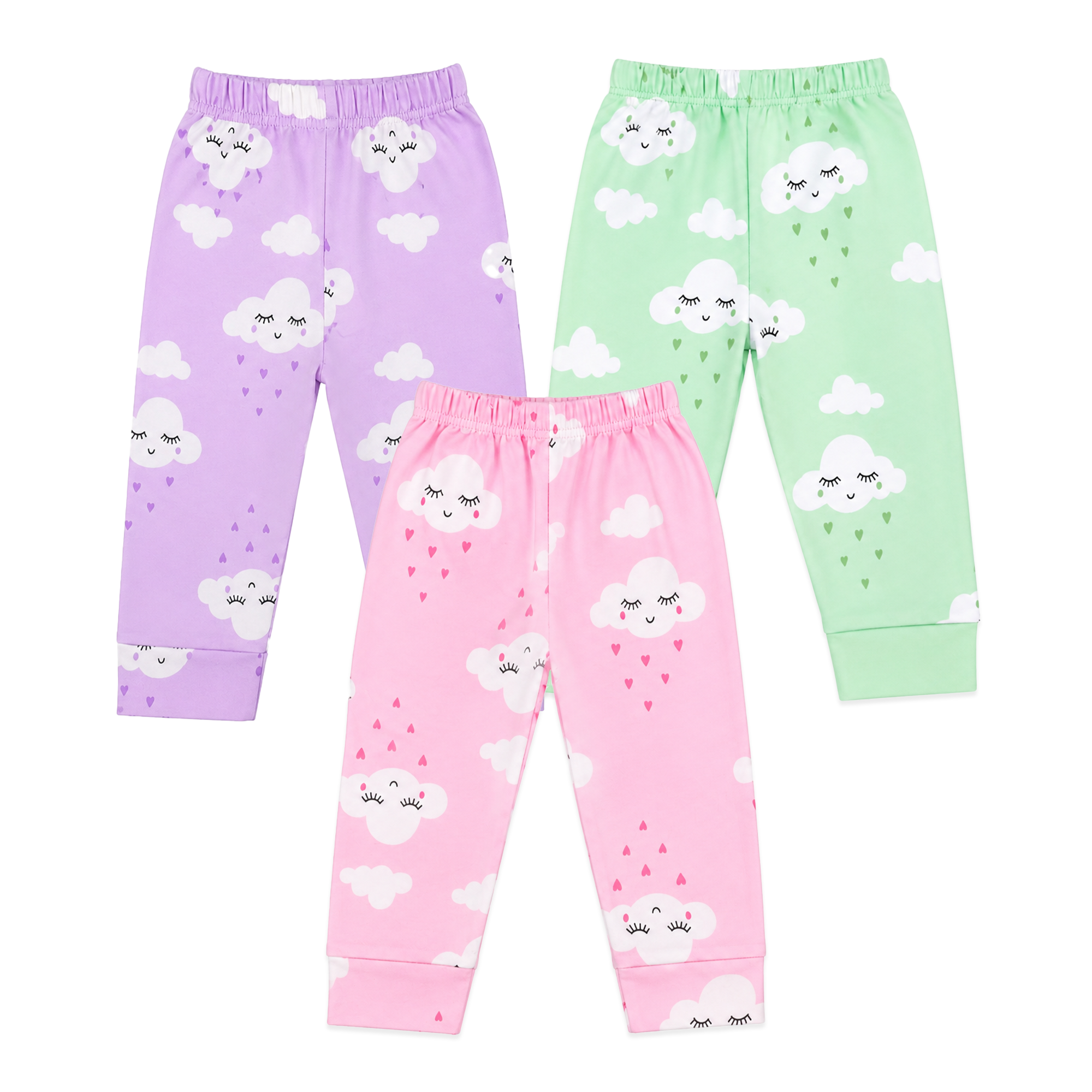 BAMBOOM Baby Unisex Pure Cotton Pyjama Pants – Pack of 3 | Lavender, Pink & Mint Green | Smiling Cloud Print |  6M–5Y
