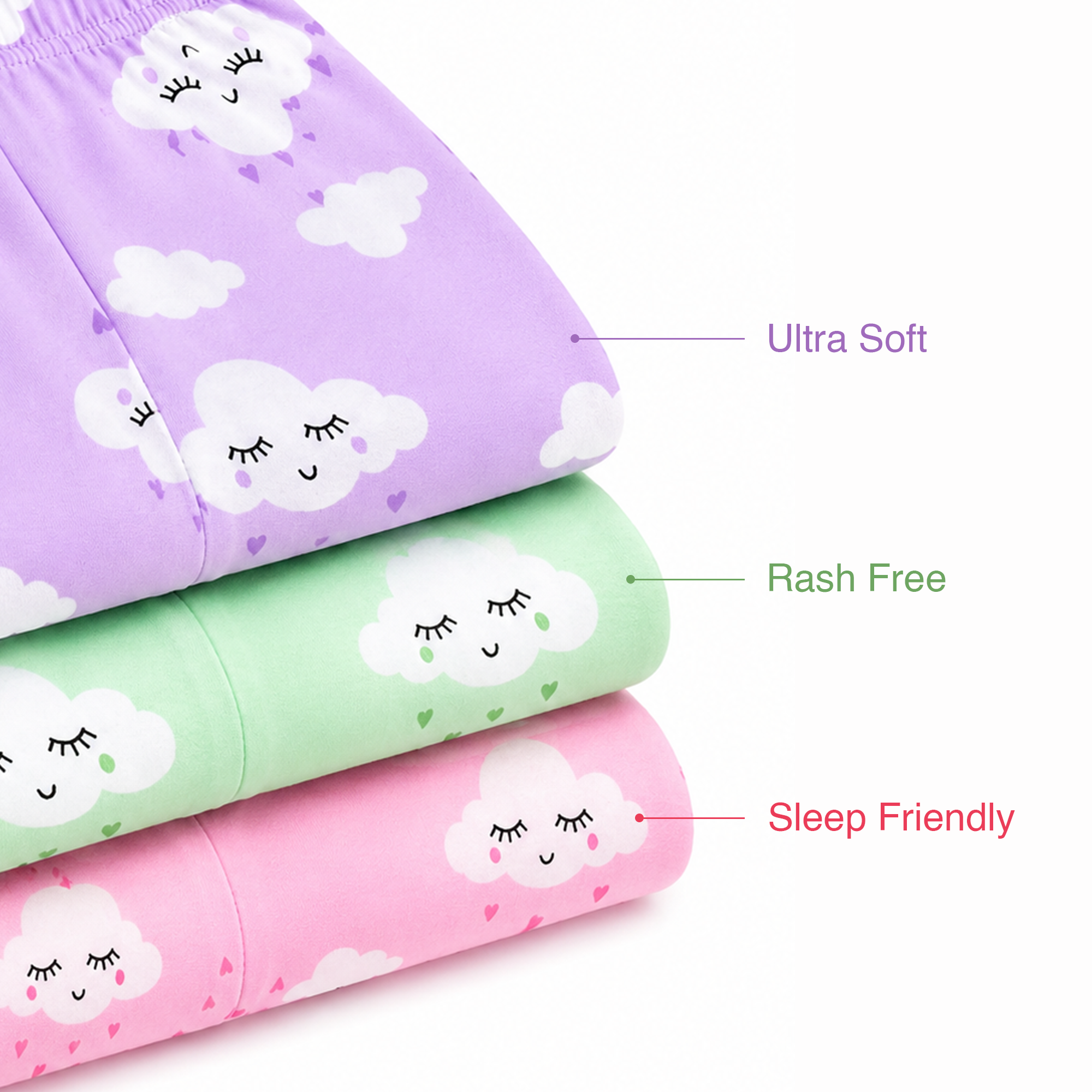 BAMBOOM Baby Unisex Pure Cotton Pyjama Pants – Pack of 3 | Lavender, Pink & Mint Green | Smiling Cloud Print |  6M–5Y