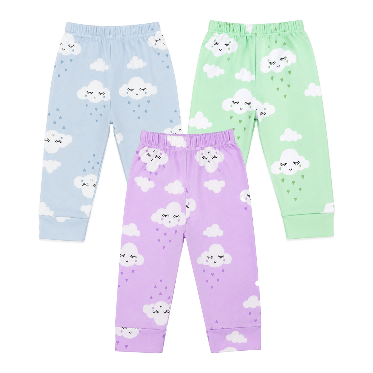 BAMBOOM Baby Girls Pure Cotton Pyjama Pants – Pack of 3 | Lavender, Sea Blue & Mint Green | Smiling Cloud Print | 6M–5Y