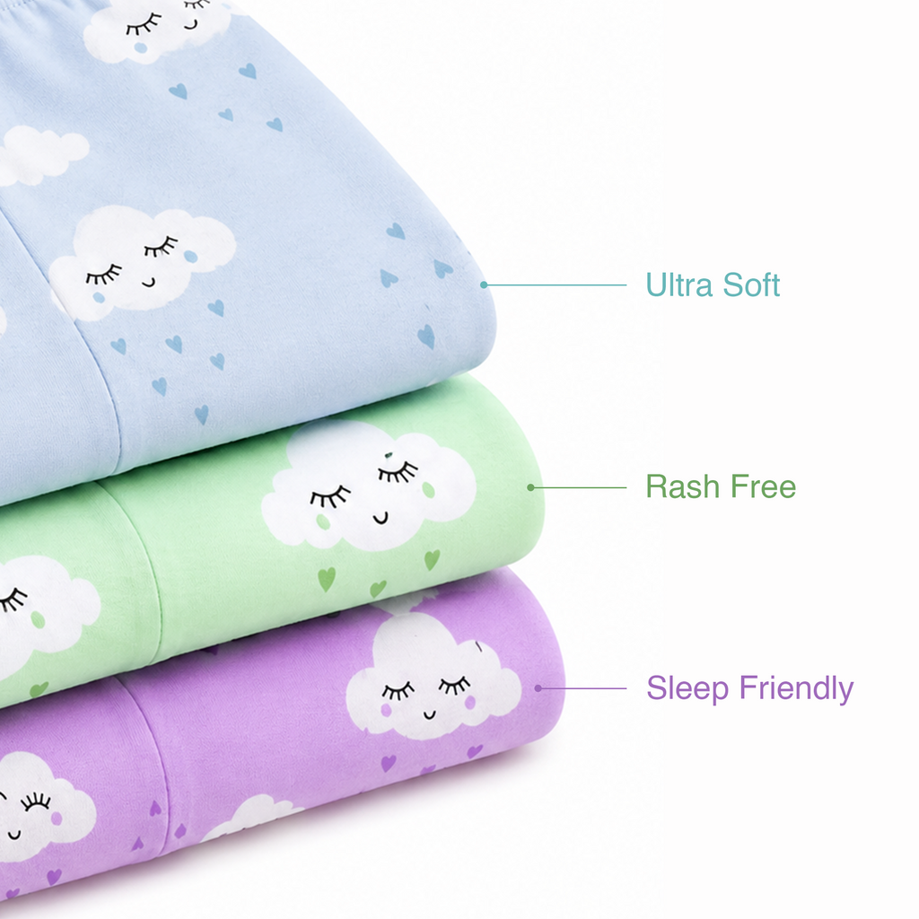 BAMBOOM Baby Girls Pure Cotton Pyjama Pants – Pack of 3 | Lavender, Sea Blue & Mint Green | Smiling Cloud Print | 6M–5Y