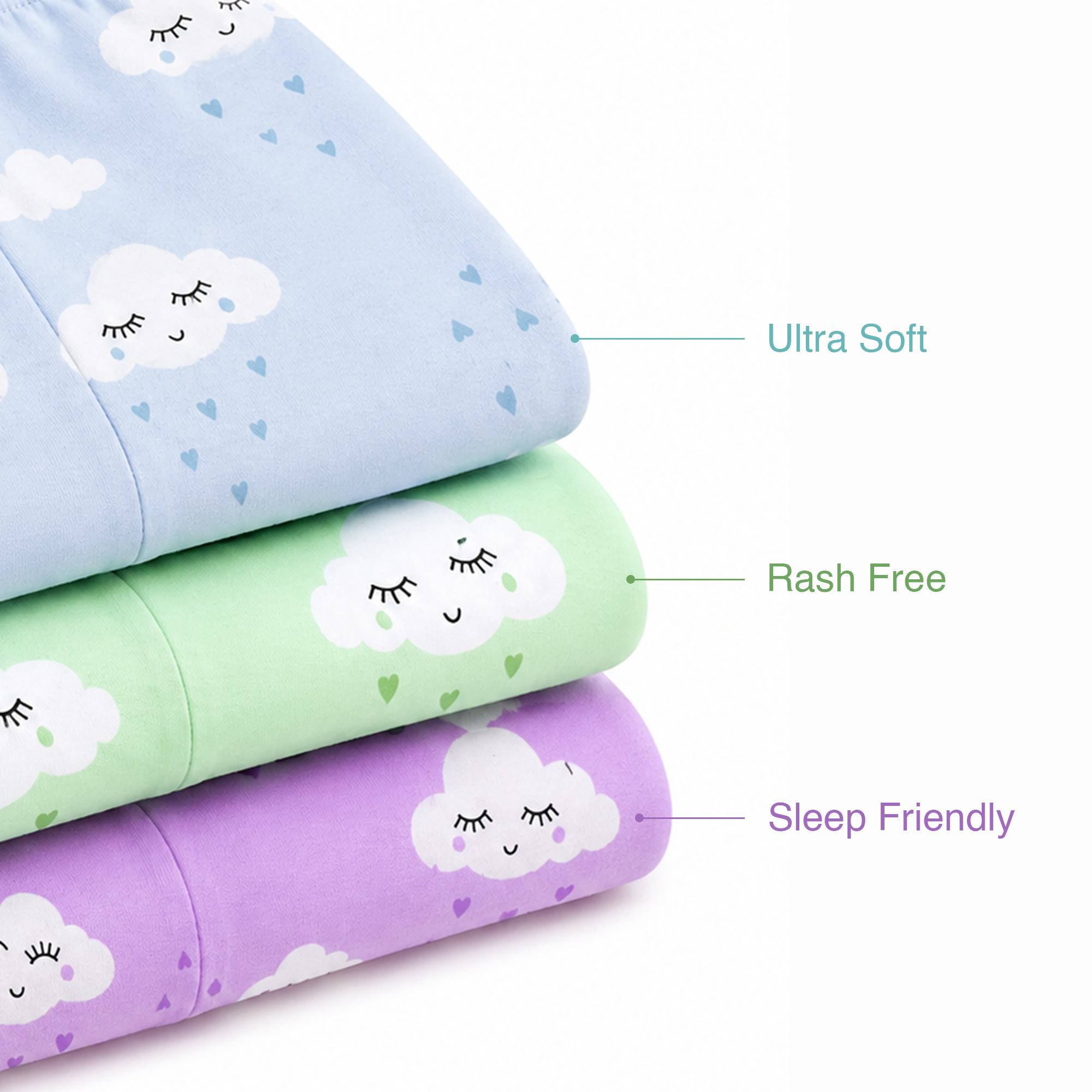 BAMBOOM Baby Girls Pure Cotton Pyjama Pants – Pack of 3 | Lavender, Sea Blue & Mint Green | Smiling Cloud Print | 6M–5Y