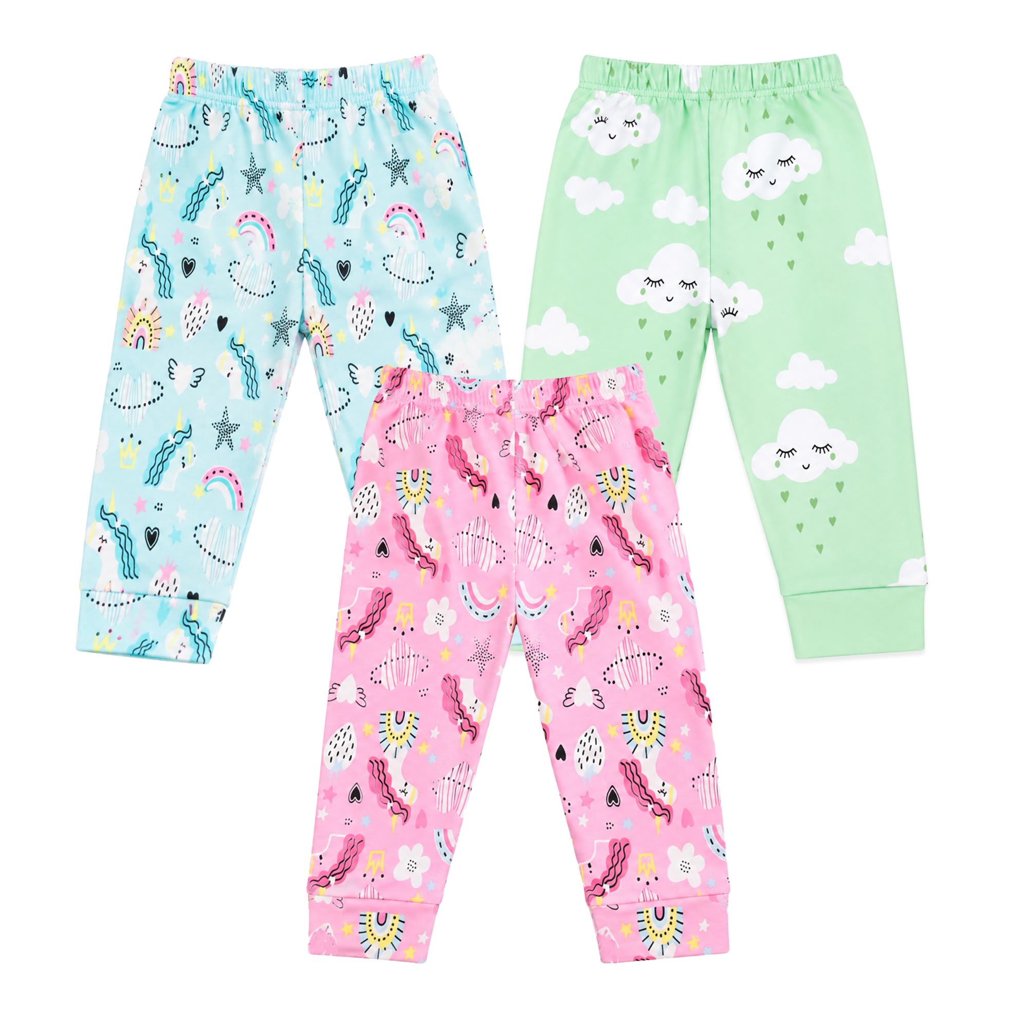 BAMBOOM Baby Unisex Pure Cotton Pyjama Pants – Pack of 3 | Mint Green, Rainbow Blue & Rainbow Pink | Cloud & Rainbow Print |  6M–5Y