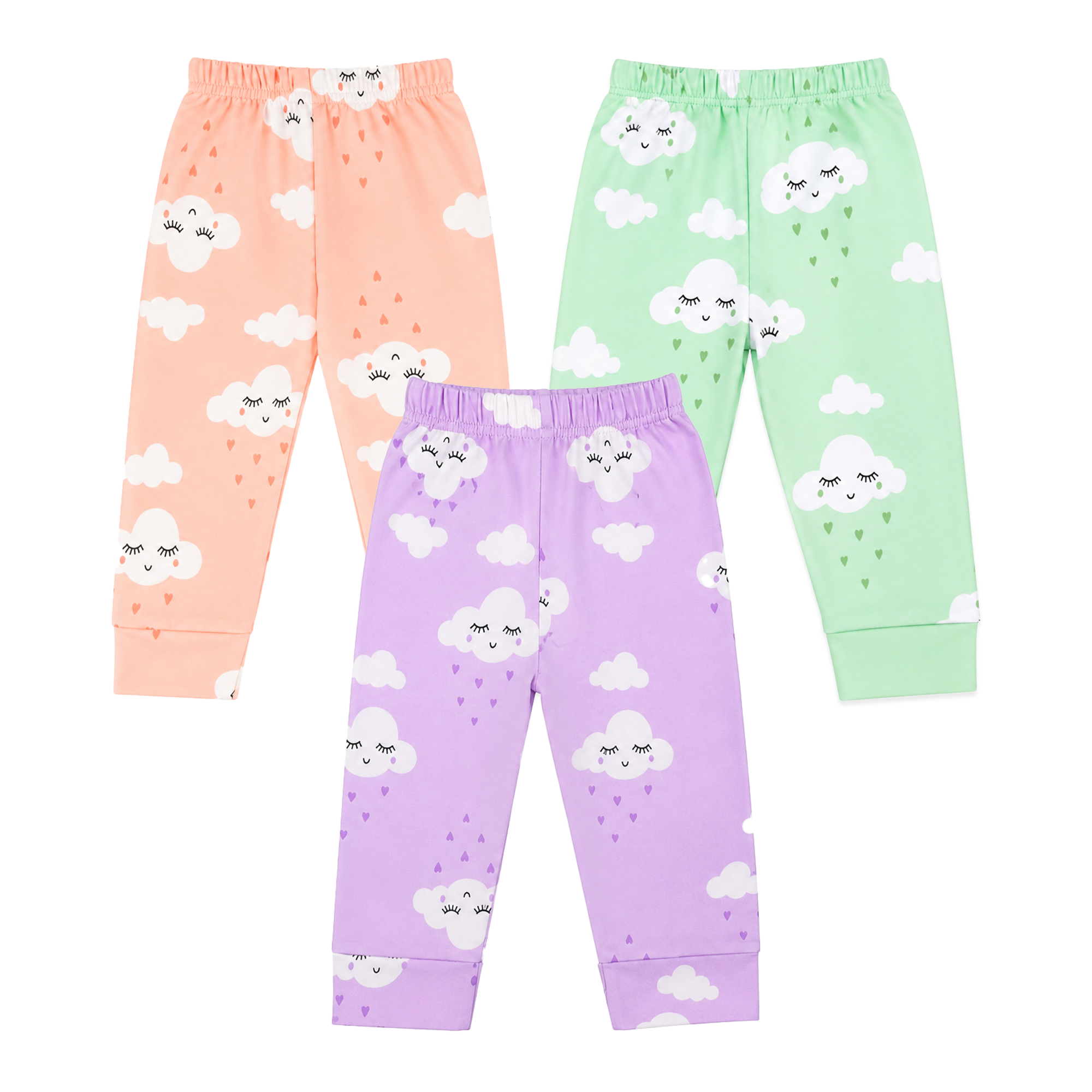 BAMBOOM Baby Unisex Pure Cotton Pyjama Pants – Pack of 3 | Peach, Lavender & Mint Green | Smiling Cloud Print | 6M–5Y
