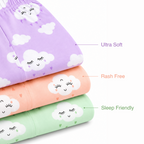 BAMBOOM Baby Unisex Pure Cotton Pyjama Pants – Pack of 3 | Peach, Lavender & Mint Green | Smiling Cloud Print | 6M–5Y