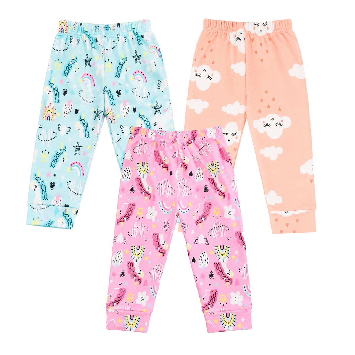 BAMBOOM Baby Unisex Pure Cotton Pyjama Pants – Pack of 3 | Peach, Rainbow Blue & Rainbow Pink | Cloud & Rainbow Print |  6M–5Y