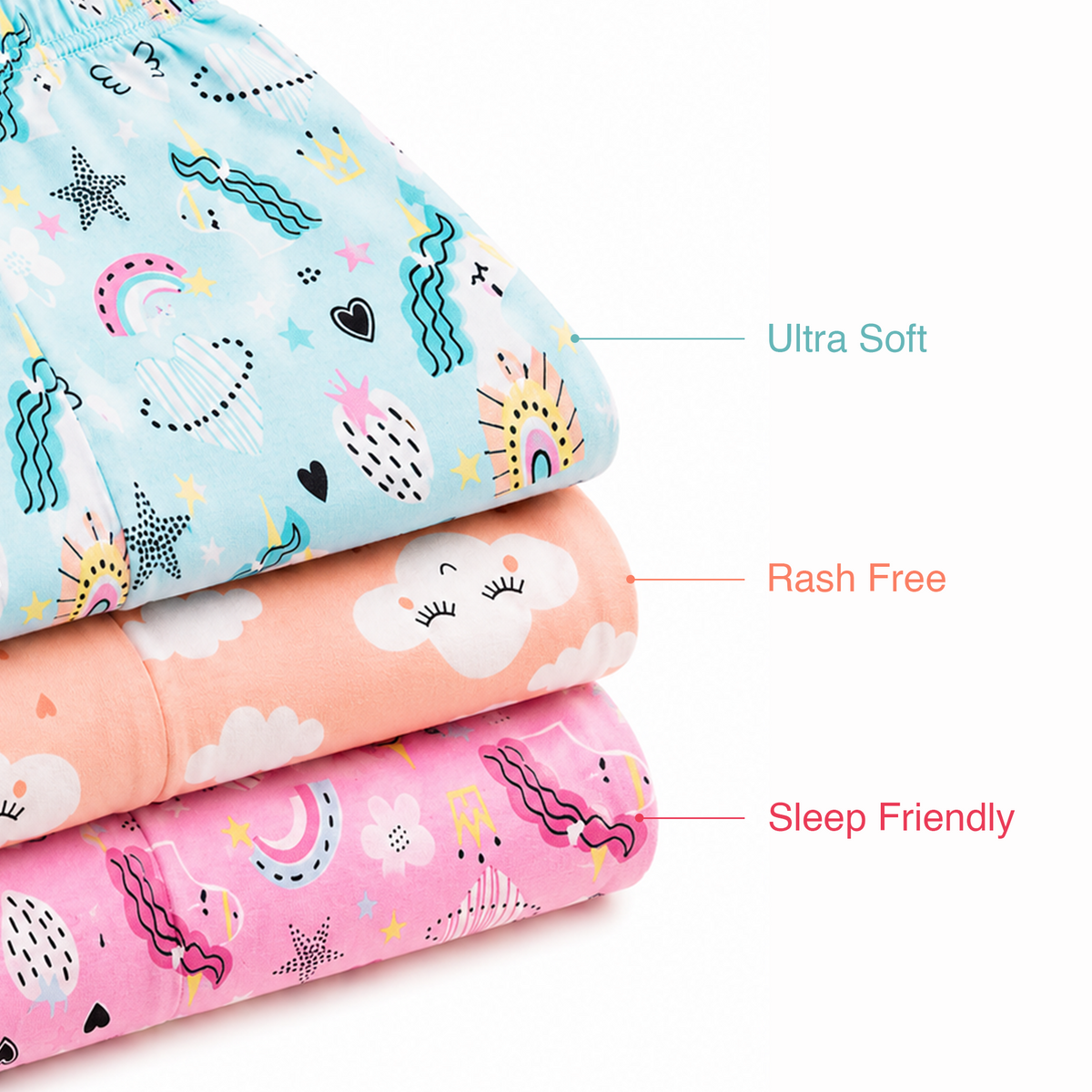 BAMBOOM Baby Unisex Pure Cotton Pyjama Pants – Pack of 3 | Peach, Rainbow Blue & Rainbow Pink | Cloud & Rainbow Print |  6M–5Y