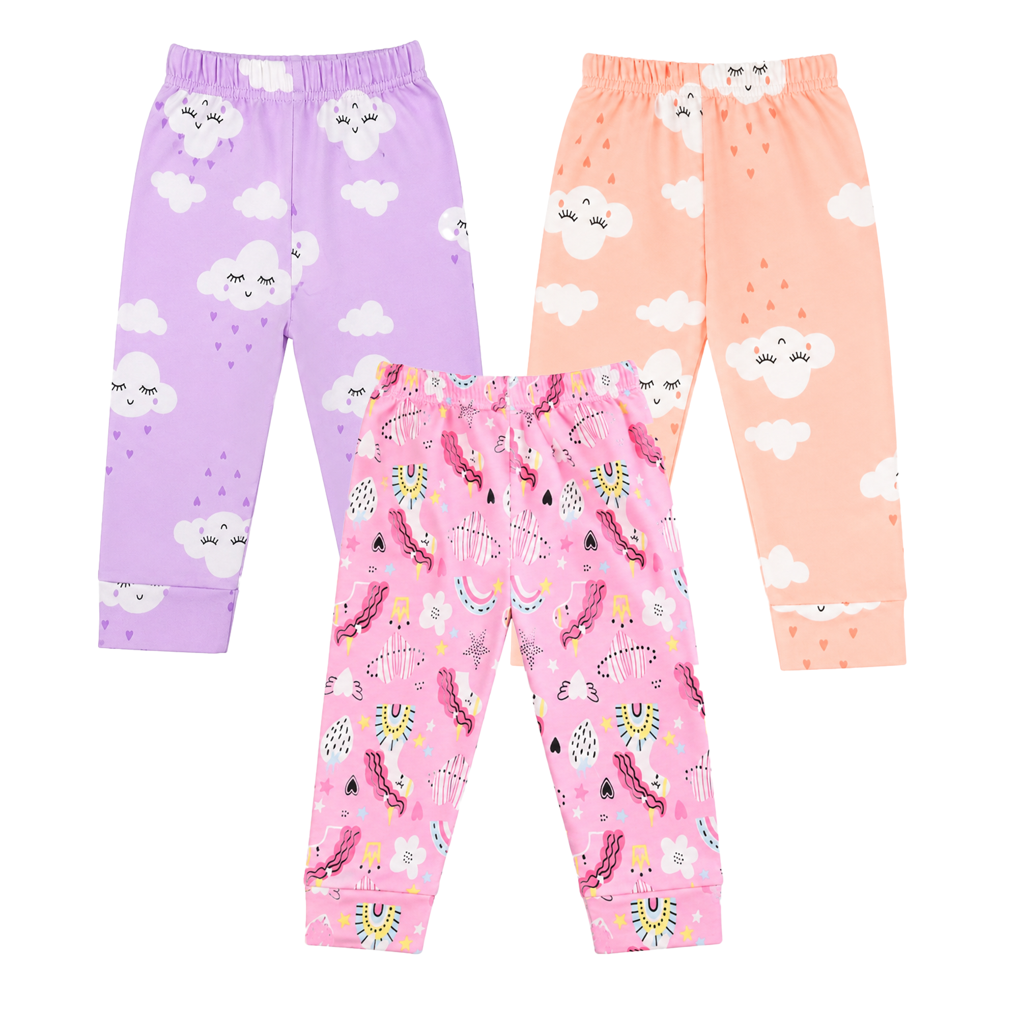 BAMBOOM Baby Unisex Pure Cotton Pyjama Pants – Pack of 3 | Peach, Rainbow Pink & Lavender | Cloud & Rainbow Print |  6M–5Y