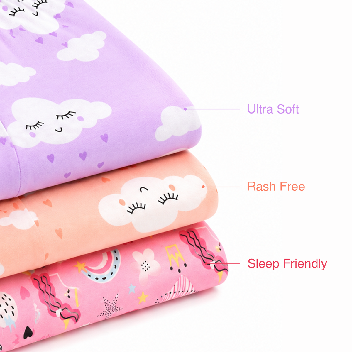 BAMBOOM Baby Unisex Pure Cotton Pyjama Pants – Pack of 3 | Peach, Rainbow Pink & Lavender | Cloud & Rainbow Print |  6M–5Y