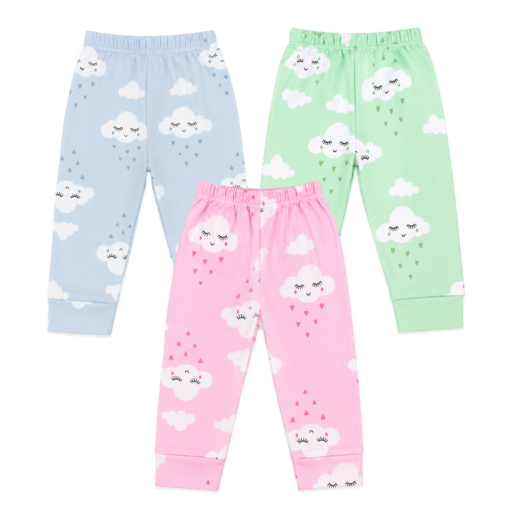 BAMBOOM Unisex Pure Cotton Pyjama Pants – Pack of 3 | Pink, Mint Green & Sea Blue | Cloud Print |  6M–5Y