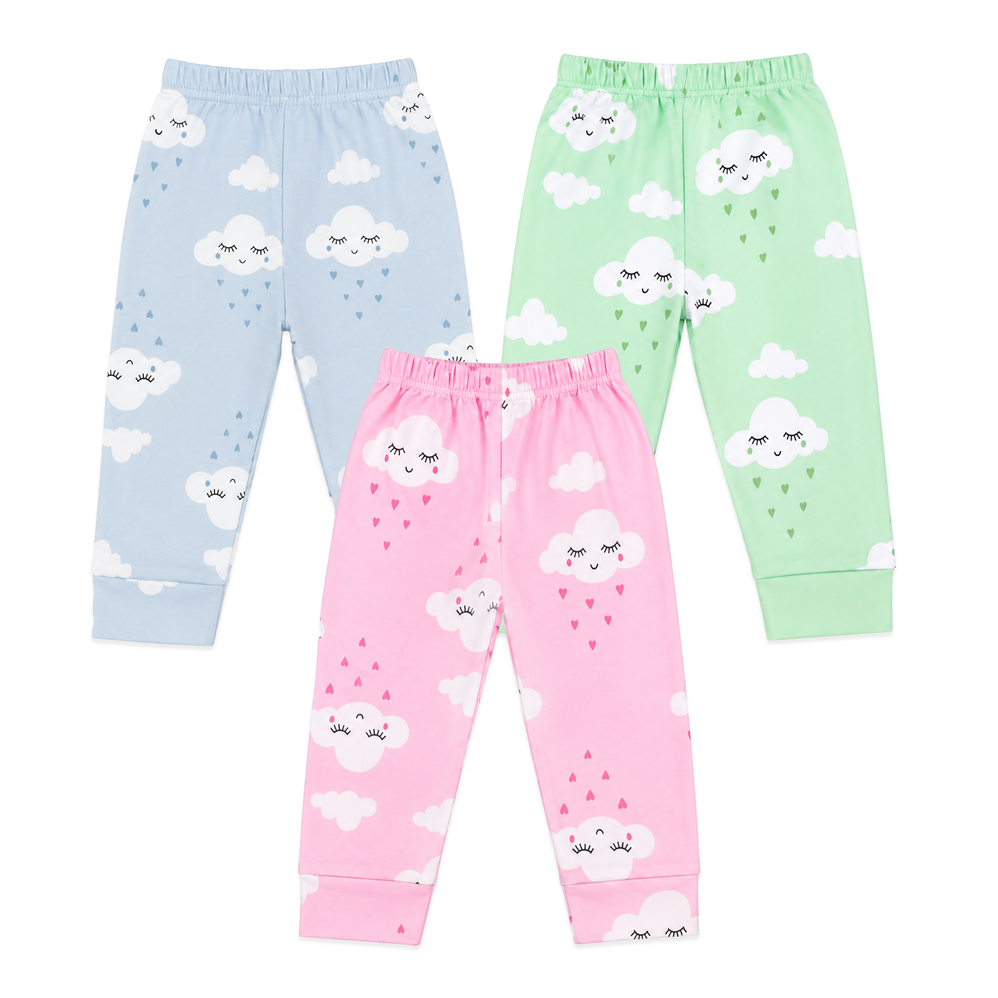 BAMBOOM Unisex Pure Cotton Pyjama Pants – Pack of 3 | Pink, Mint Green & Sea Blue | Cloud Print |  6M–5Y