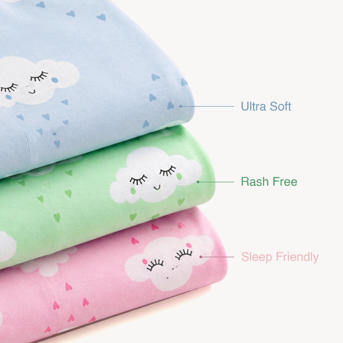 BAMBOOM Unisex Pure Cotton Pyjama Pants – Pack of 3 | Pink, Mint Green & Sea Blue | Cloud Print |  6M–5Y