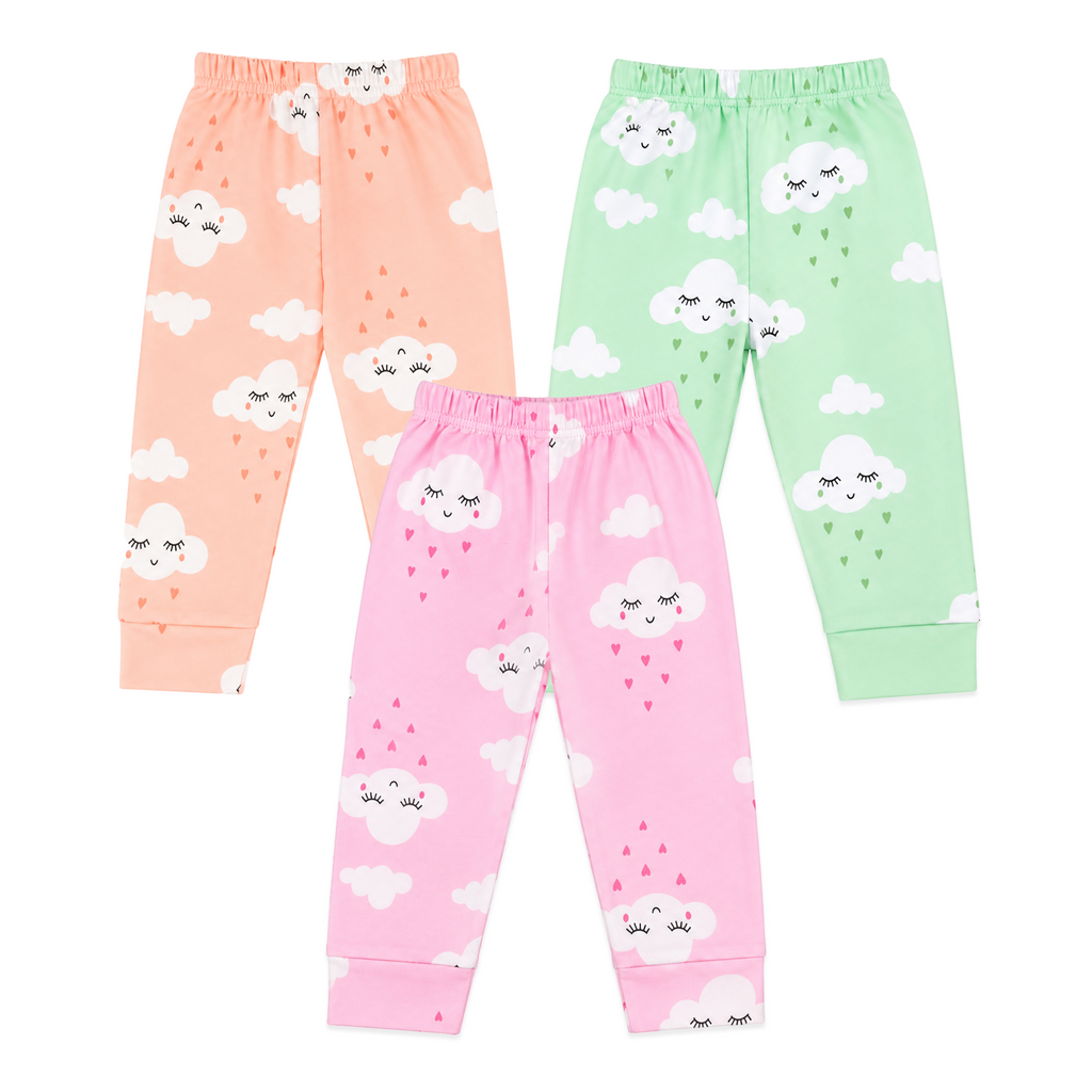 BAMBOOM Baby Unisex Pure Cotton Pyjama Pants – Pack of 3 | Pink, Peach & Mint Green | Smiling Cloud Print | 6M–5Y