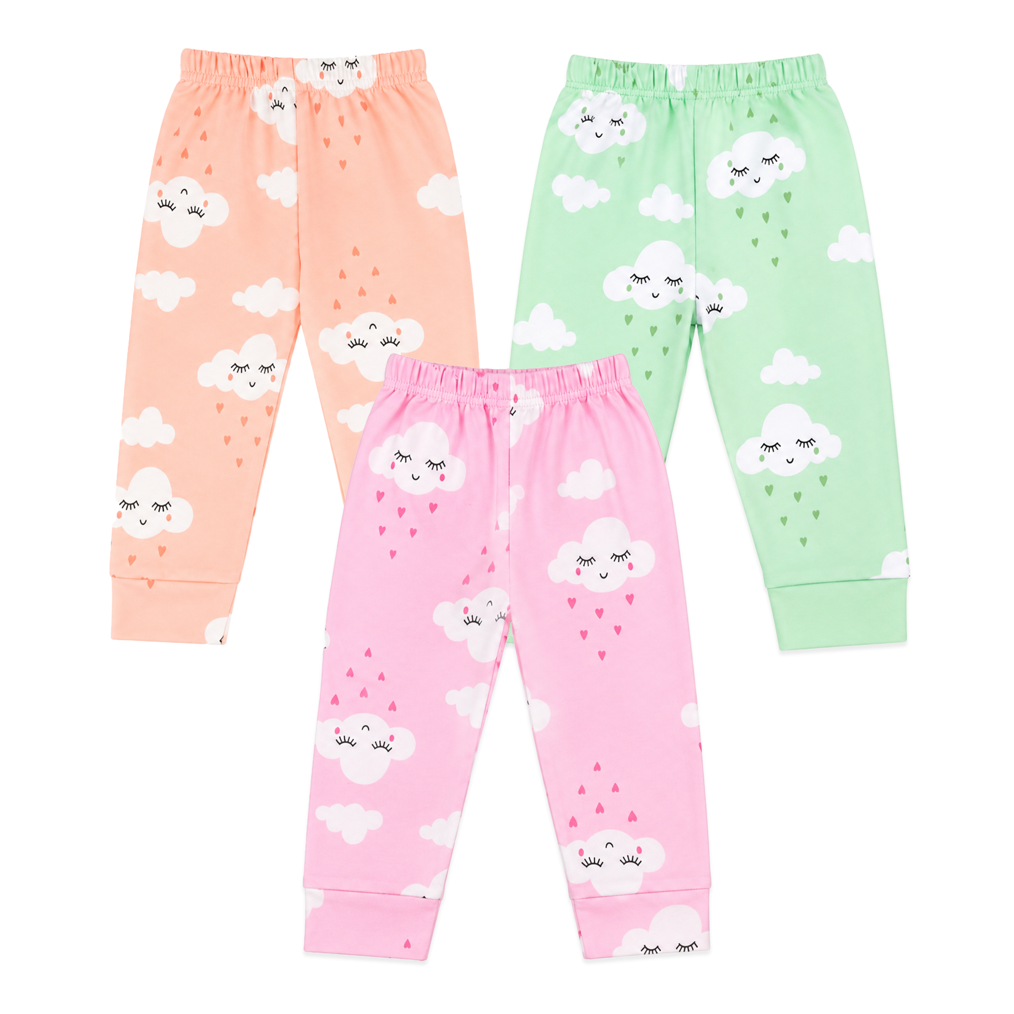 BAMBOOM Baby Unisex Pure Cotton Pyjama Pants – Pack of 3 | Pink, Peach & Mint Green | Smiling Cloud Print | 6M–5Y