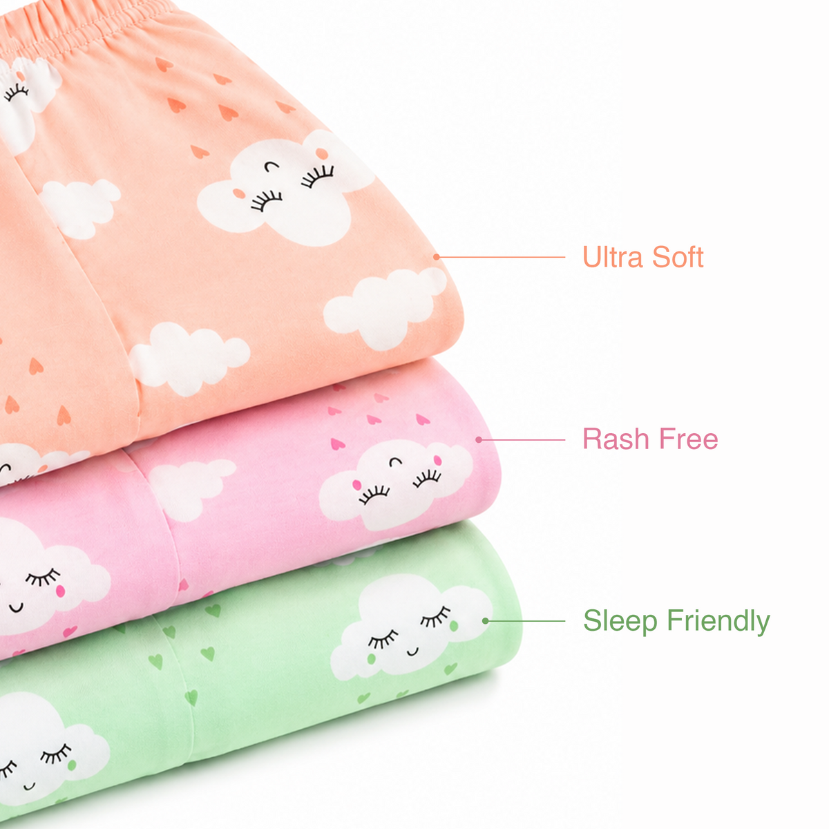 BAMBOOM Baby Unisex Pure Cotton Pyjama Pants – Pack of 3 | Pink, Peach & Mint Green | Smiling Cloud Print | 6M–5Y