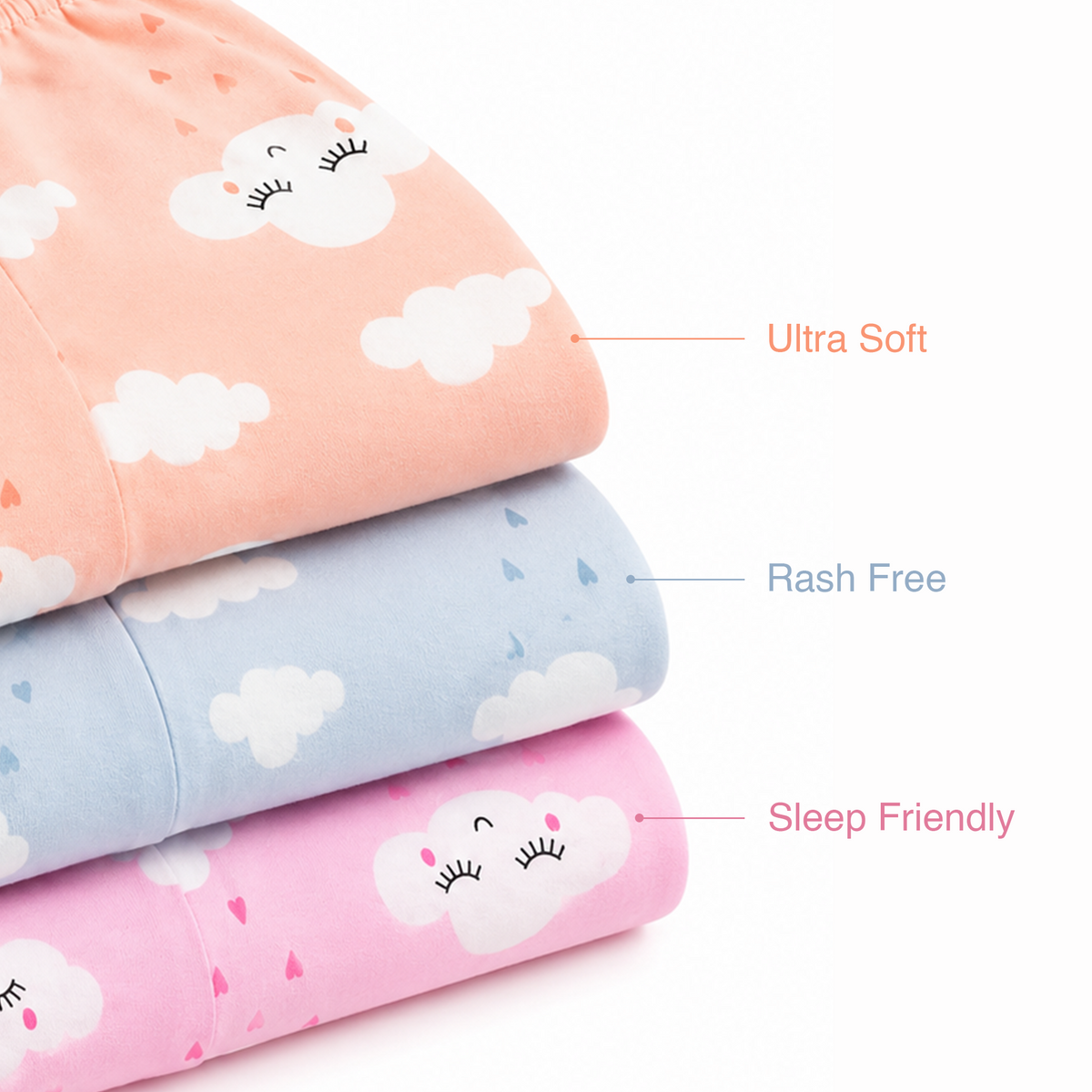BAMBOOM Baby Unisex Pure Cotton Pyjama Pants – Pack of 3 | Pink, Peach & Sea Blue | Dreamy Cloud Print |  6M–5Y