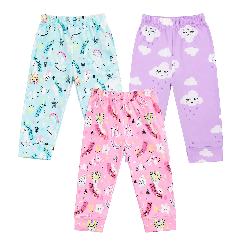 BAMBOOM Baby Unisex Pure Cotton Pyjama Pants – Pack of 3 | Lavender, Rainbow Pink & Rainbow Blue | Cloud & Rainbow Print | 6M–5Y
