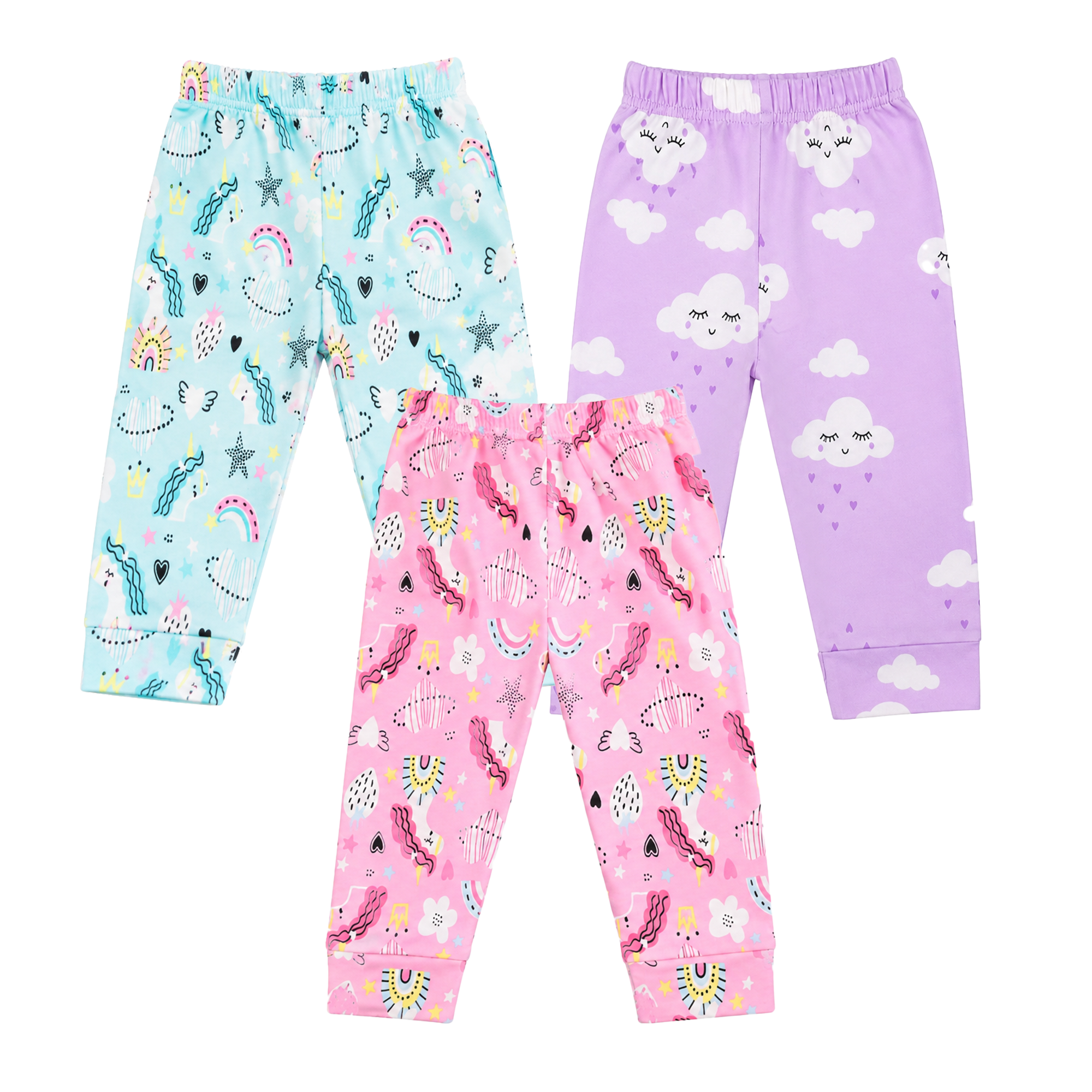 BAMBOOM Baby Unisex Pure Cotton Pyjama Pants – Pack of 3 | Lavender, Rainbow Pink & Rainbow Blue | Cloud & Rainbow Print | 6M–5Y