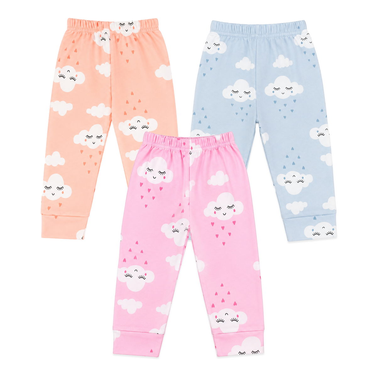 BAMBOOM Baby Unisex Pure Cotton Pyjama Pants – Pack of 3 | Pink, Peach & Sea Blue | Dreamy Cloud Print |  6M–5Y