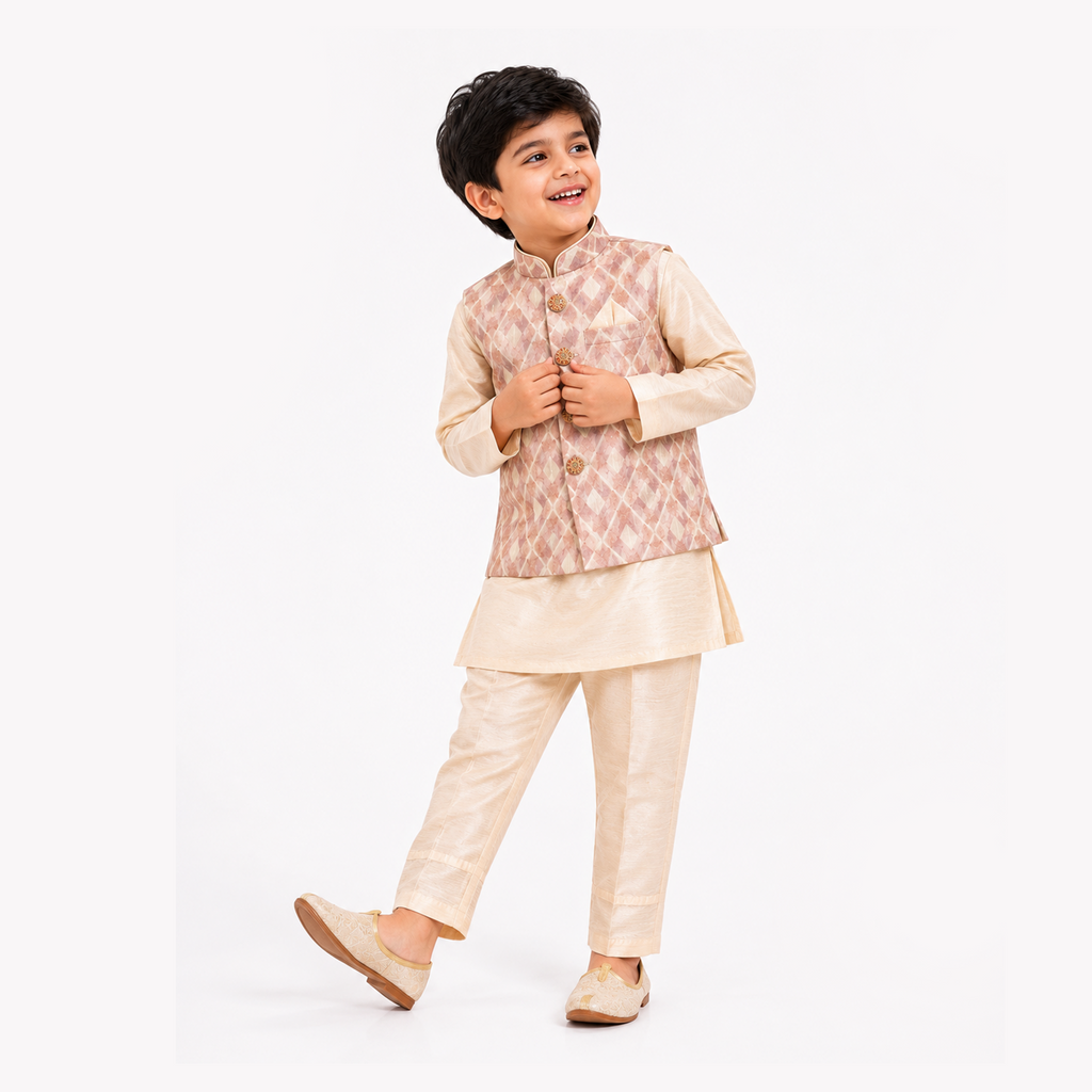 BAMBOOM Boys Ethnic Wear 3 Piece Set | Ivory with Blush Pink Jacket Set