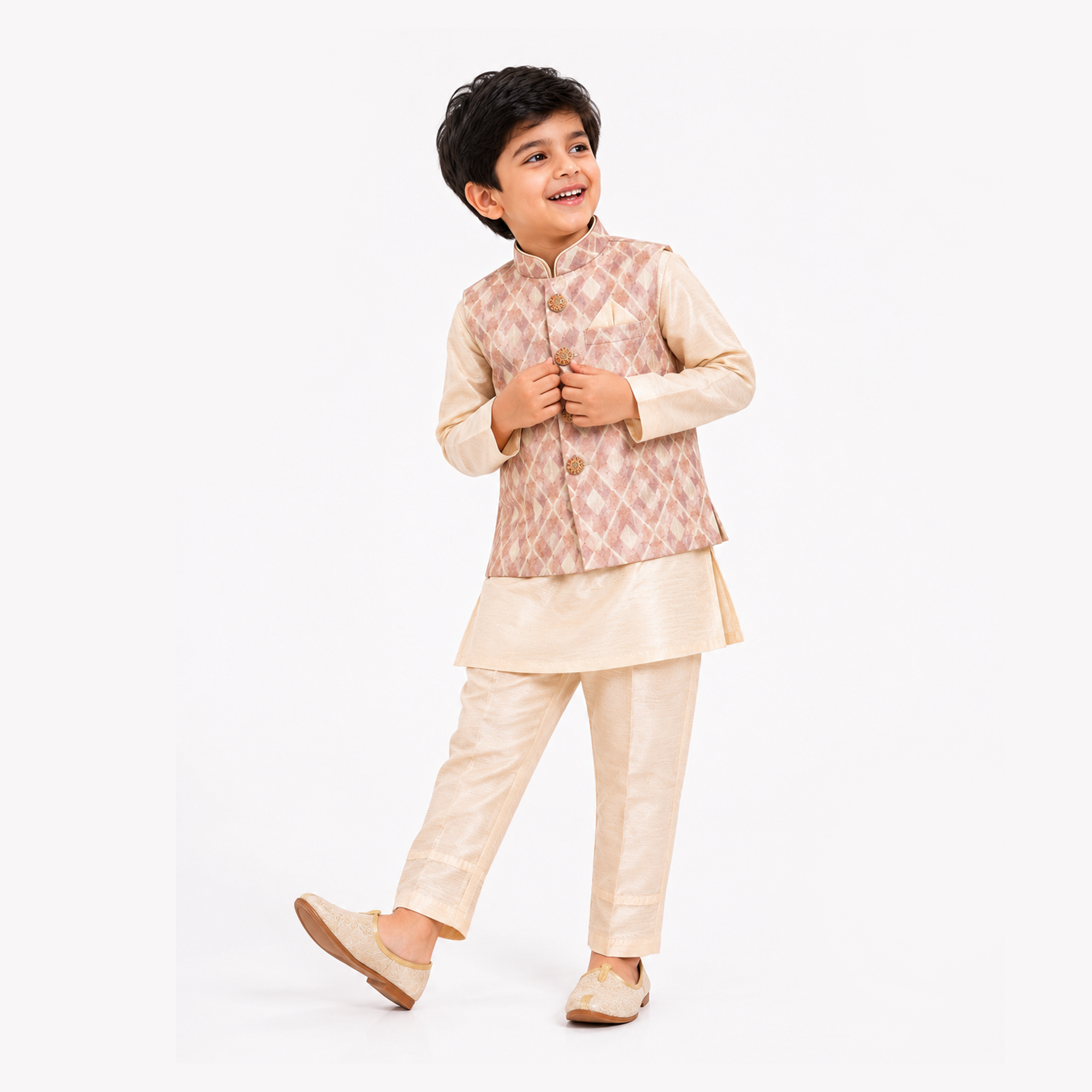 BAMBOOM Boys Ethnic Wear 3 Piece Set | Ivory with Blush Pink Jacket Set