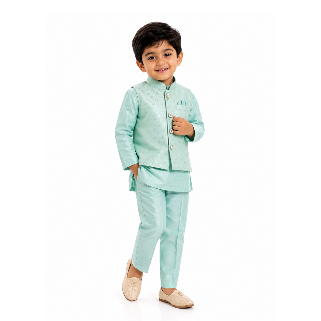 BAMBOOM Boys Ethnic Wear 3 Piece Set | Pastel Mint Festive Set