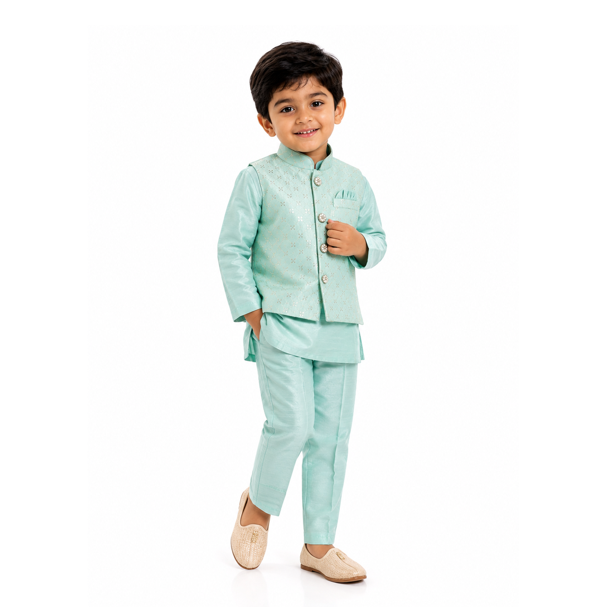 BAMBOOM Boys Ethnic Wear 3 Piece Set | Pastel Mint Festive Set