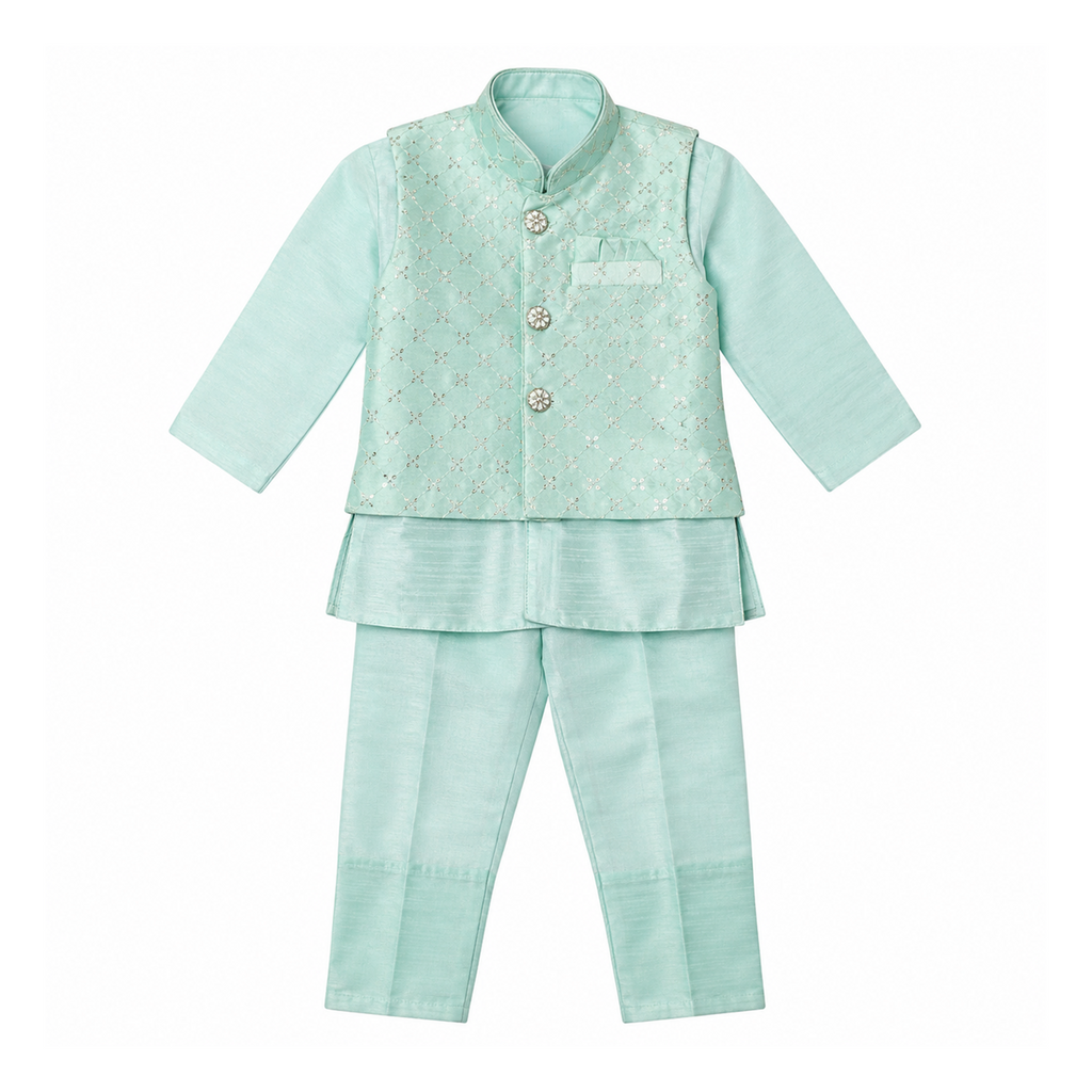 BAMBOOM Boys Ethnic Wear 3 Piece Set | Pastel Mint Festive Set