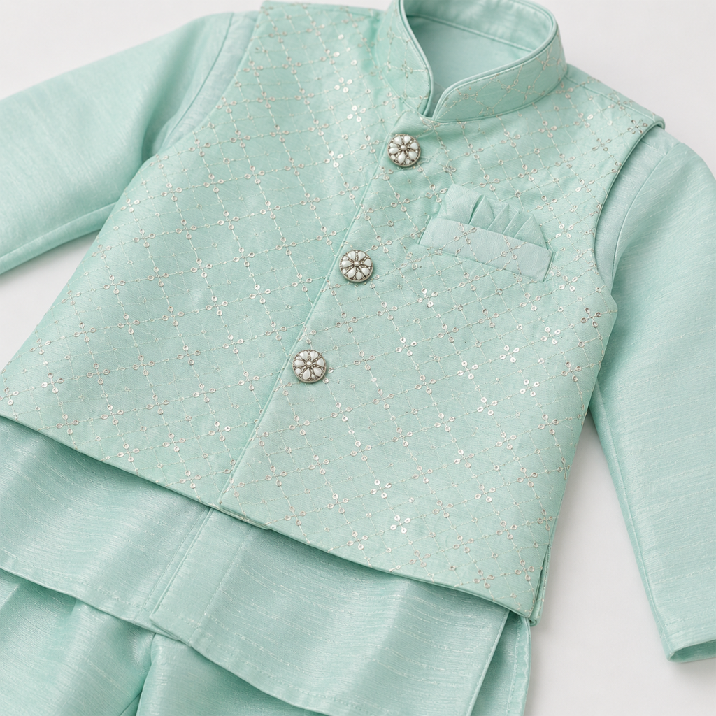 BAMBOOM Boys Ethnic Wear 3 Piece Set | Pastel Mint Festive Set
