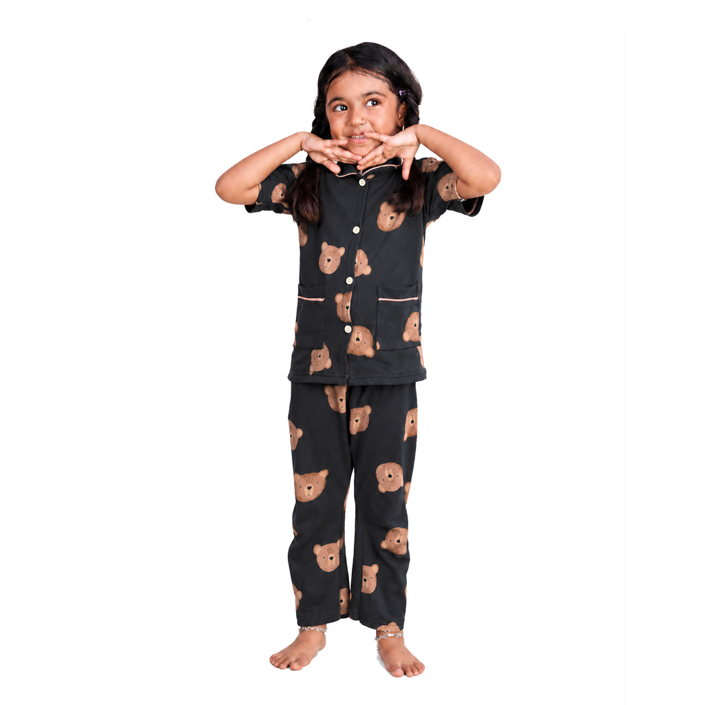 BAMBOOM Kids Pure Cotton Night Suit | Teddy Bear Print Dark Sleepwear Set