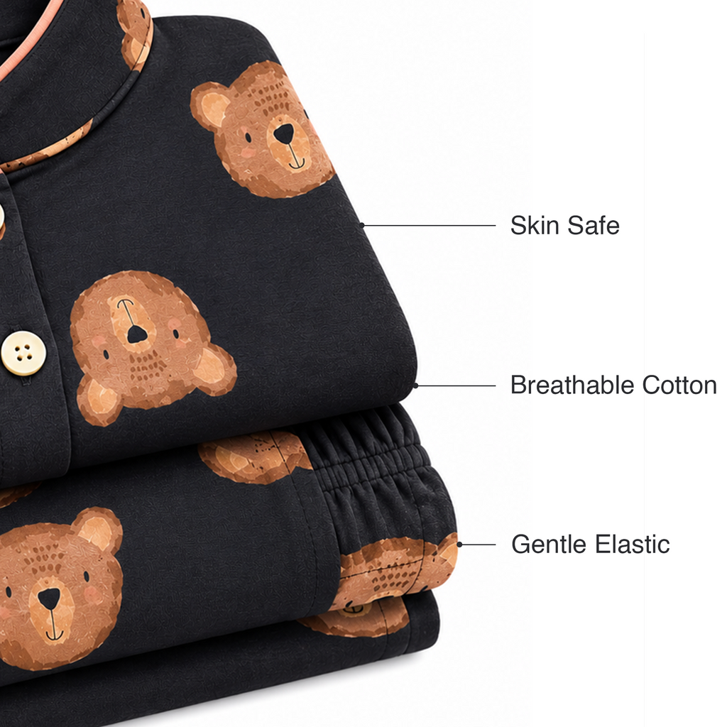 BAMBOOM Kids Pure Cotton Night Suit | Teddy Bear Print Dark Sleepwear Set