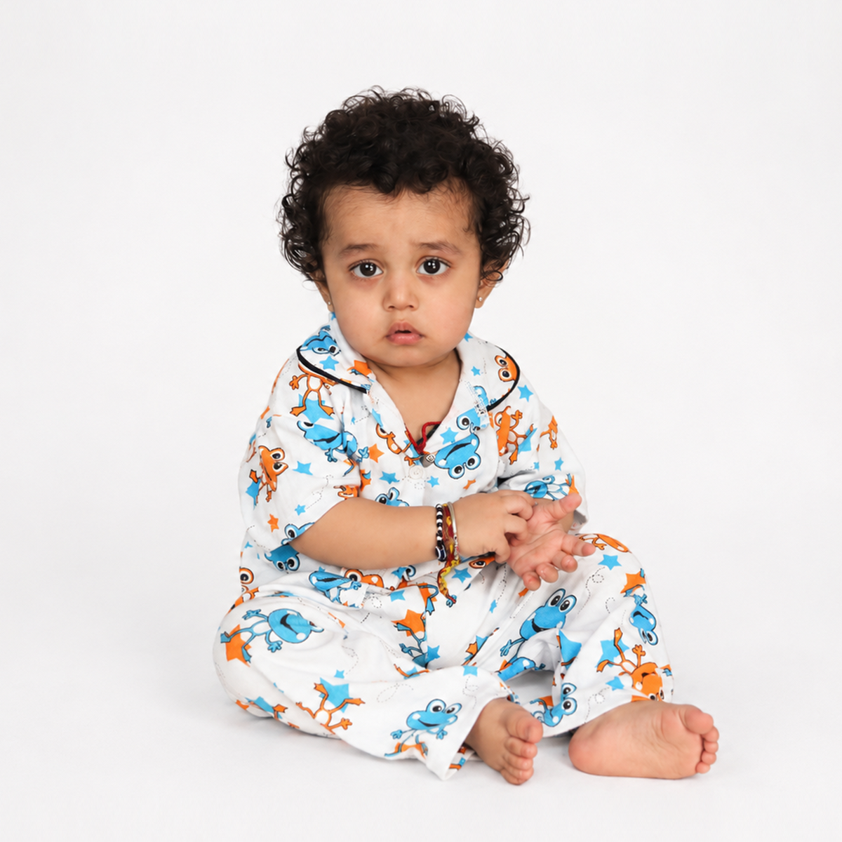 BAMBOOM Kids Pure Cotton Night Suit | Frog & Stars Print White Sleepwear Set