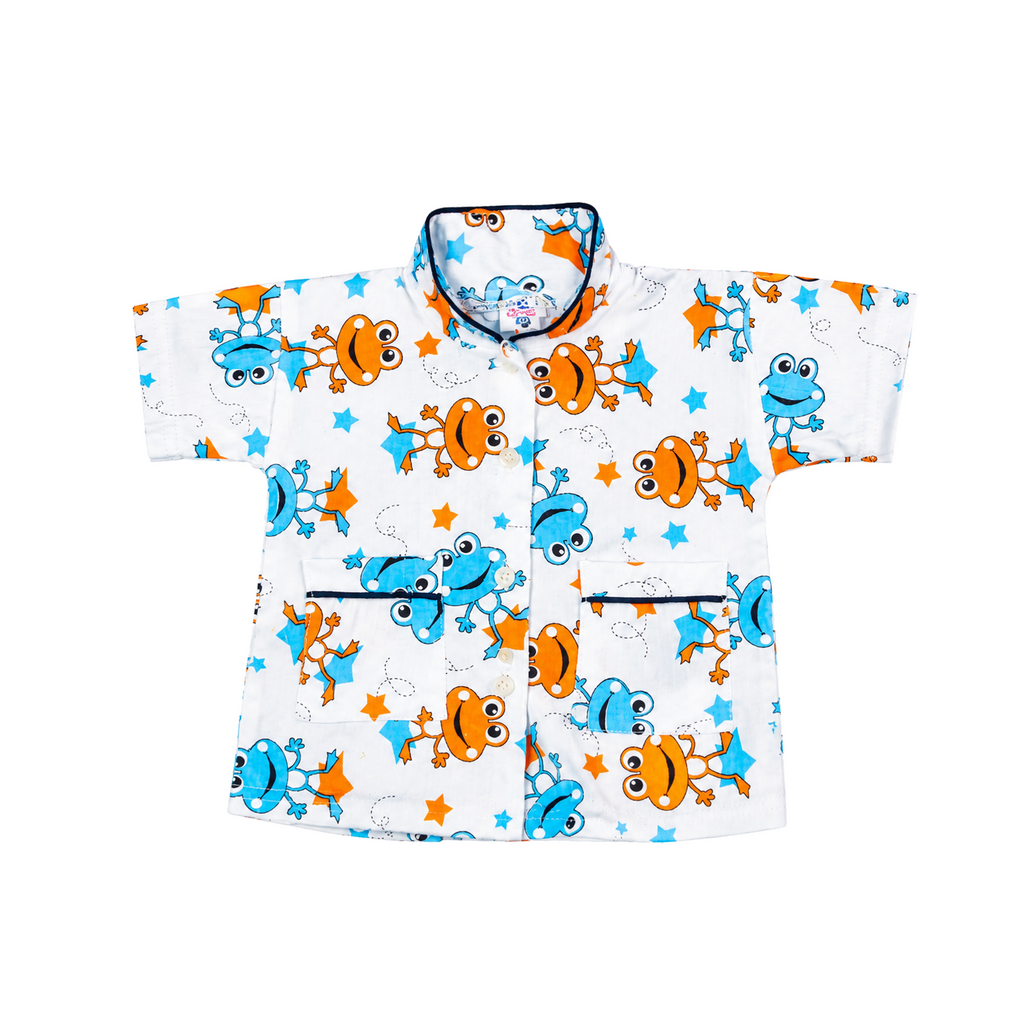 BAMBOOM Kids Pure Cotton Night Suit | Frog & Stars Print White Sleepwear Set