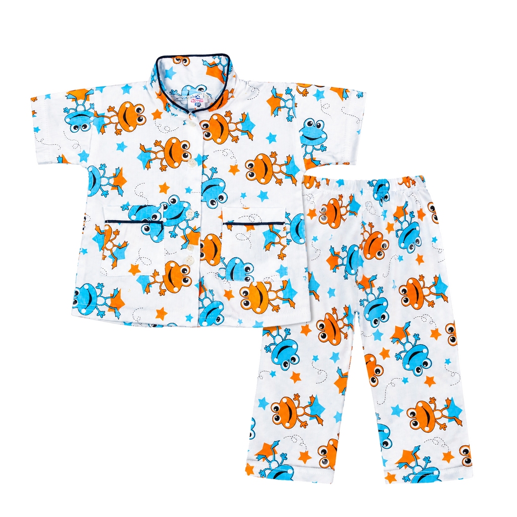 BAMBOOM Kids Pure Cotton Night Suit | Frog & Stars Print White Sleepwear Set