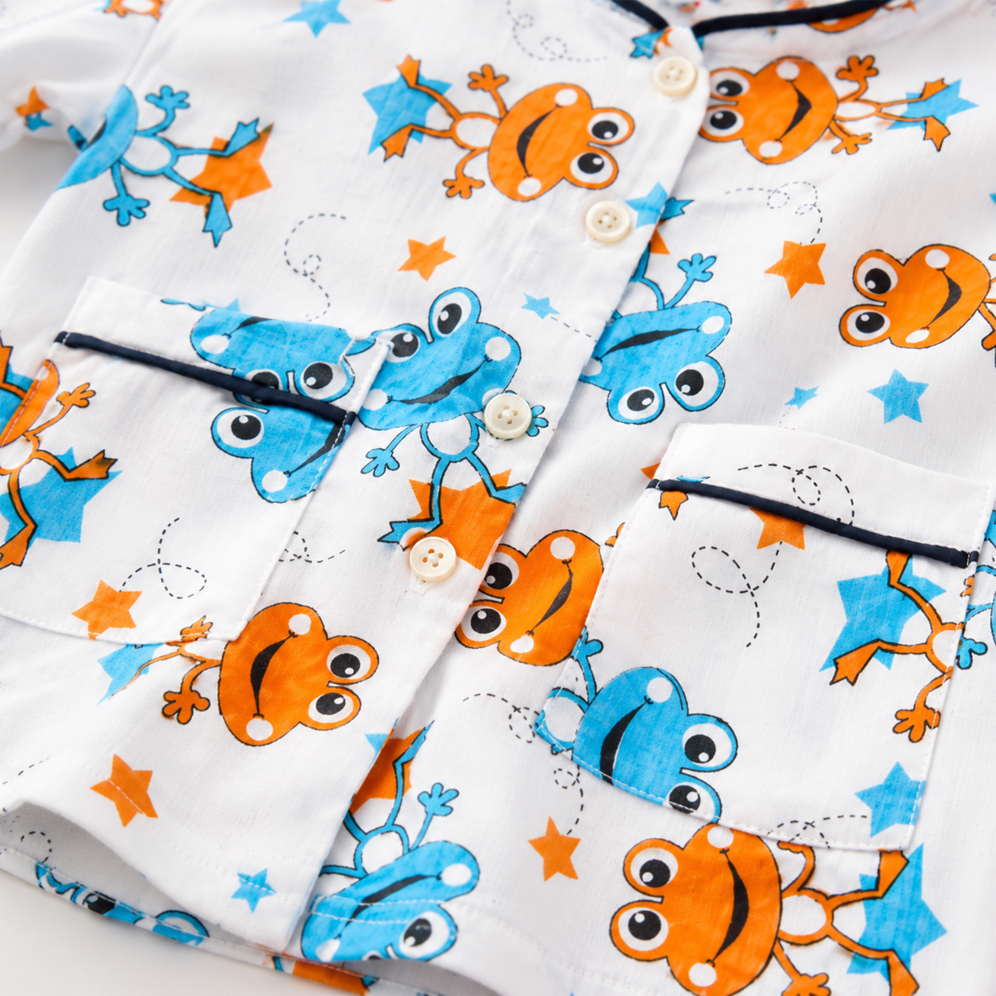 BAMBOOM Kids Pure Cotton Night Suit | Frog & Stars Print White Sleepwear Set