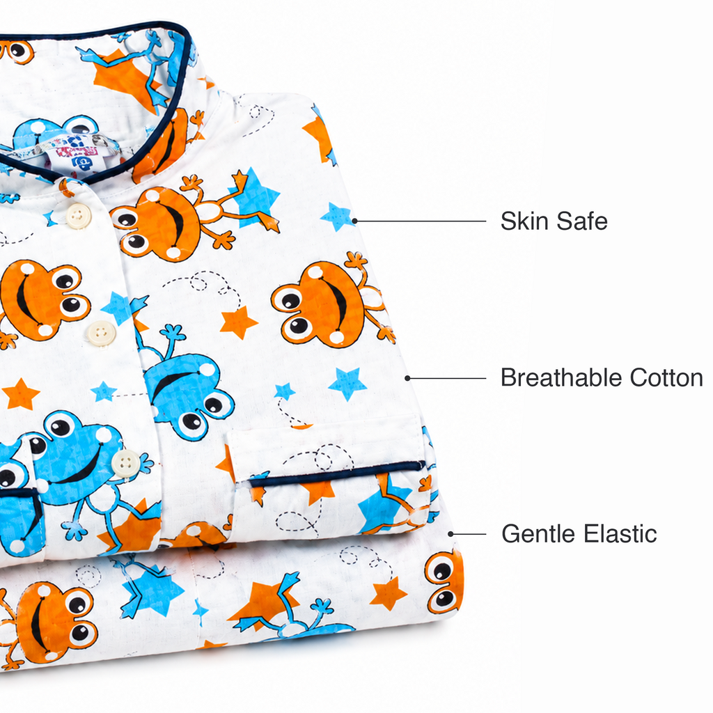 BAMBOOM Kids Pure Cotton Night Suit | Frog & Stars Print White Sleepwear Set