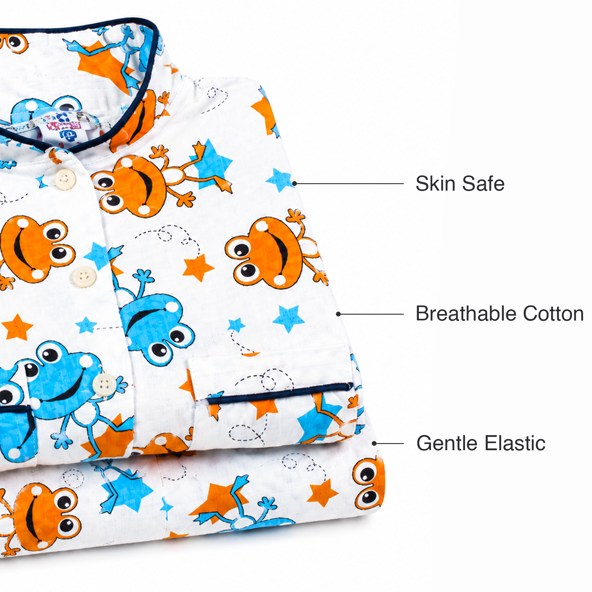 BAMBOOM Kids Pure Cotton Night Suit | Frog & Stars Print White Sleepwear Set