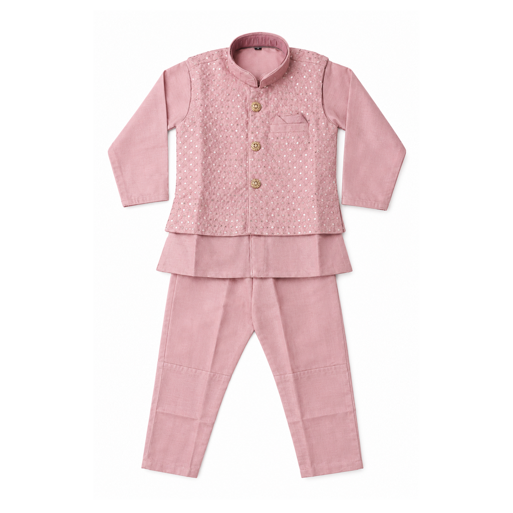 BAMBOOM Boys Ethnic Wear 3 Piece Set | Blush Pink Kurta Set