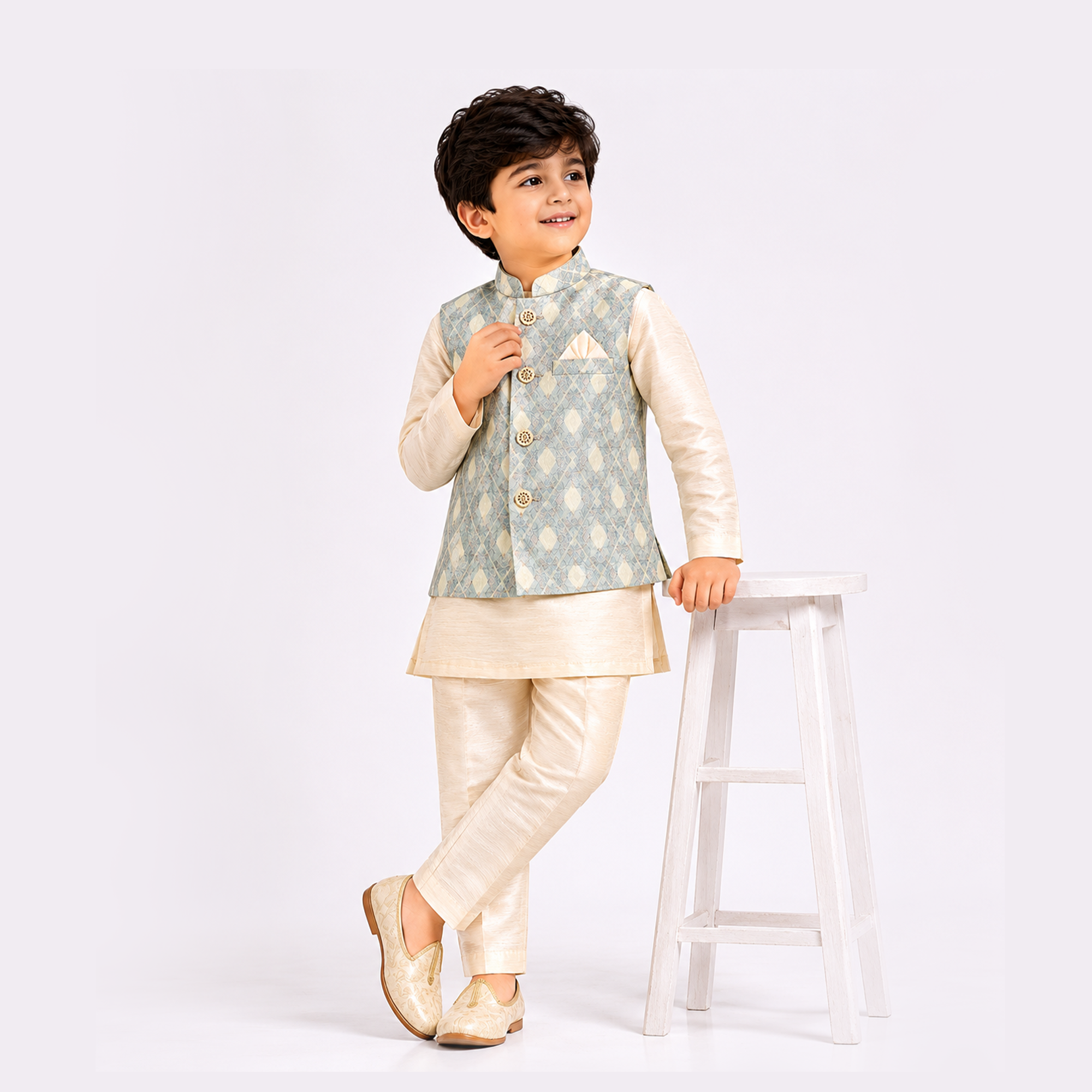 BAMBOOM Boys Ethnic Wear 3 Piece Set  | Ivory with Powder Blue Jacket Set.