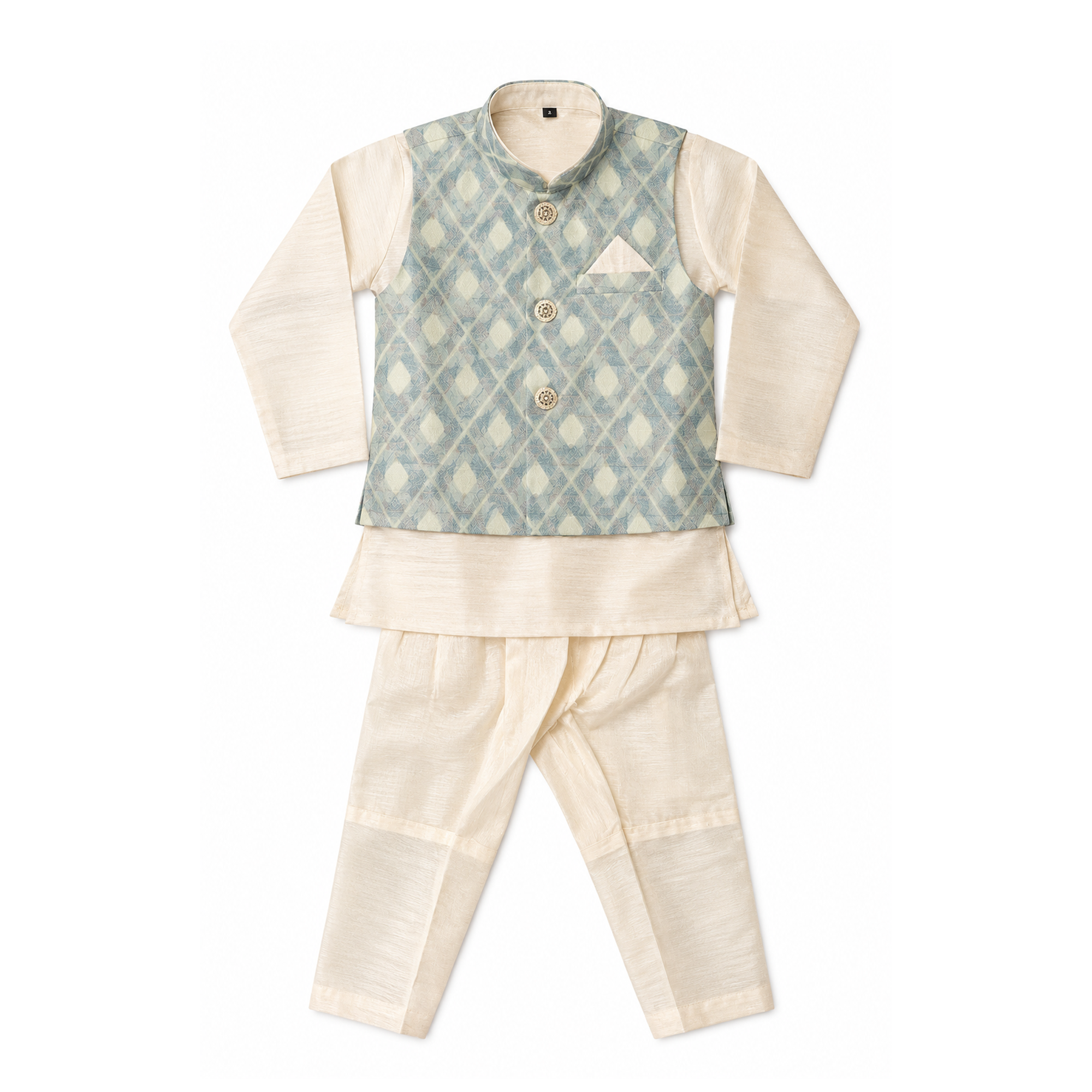 BAMBOOM Boys Ethnic Wear 3 Piece Set  | Ivory with Powder Blue Jacket Set.