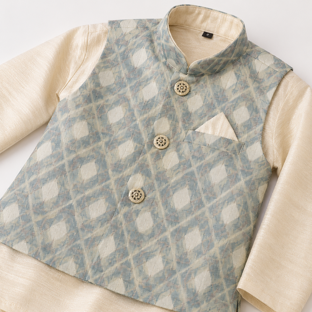 BAMBOOM Boys Ethnic Wear 3 Piece Set  | Ivory with Powder Blue Jacket Set.