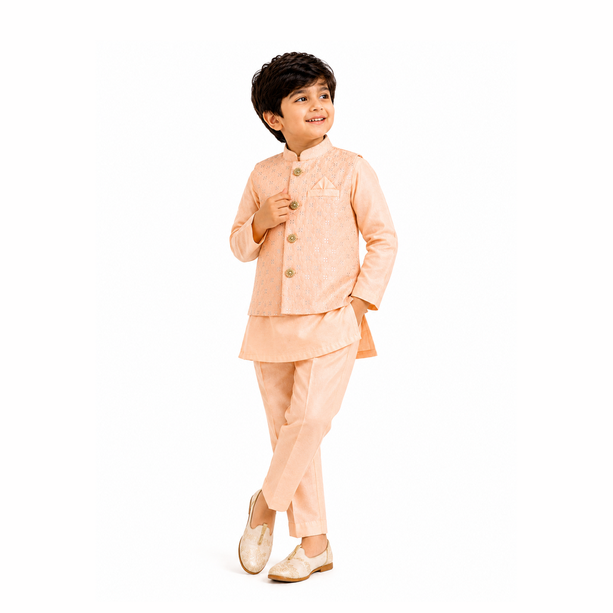 BAMBOOM Boys Ethnic Wear 3 Piece Set | Pastel Peach Festive Set